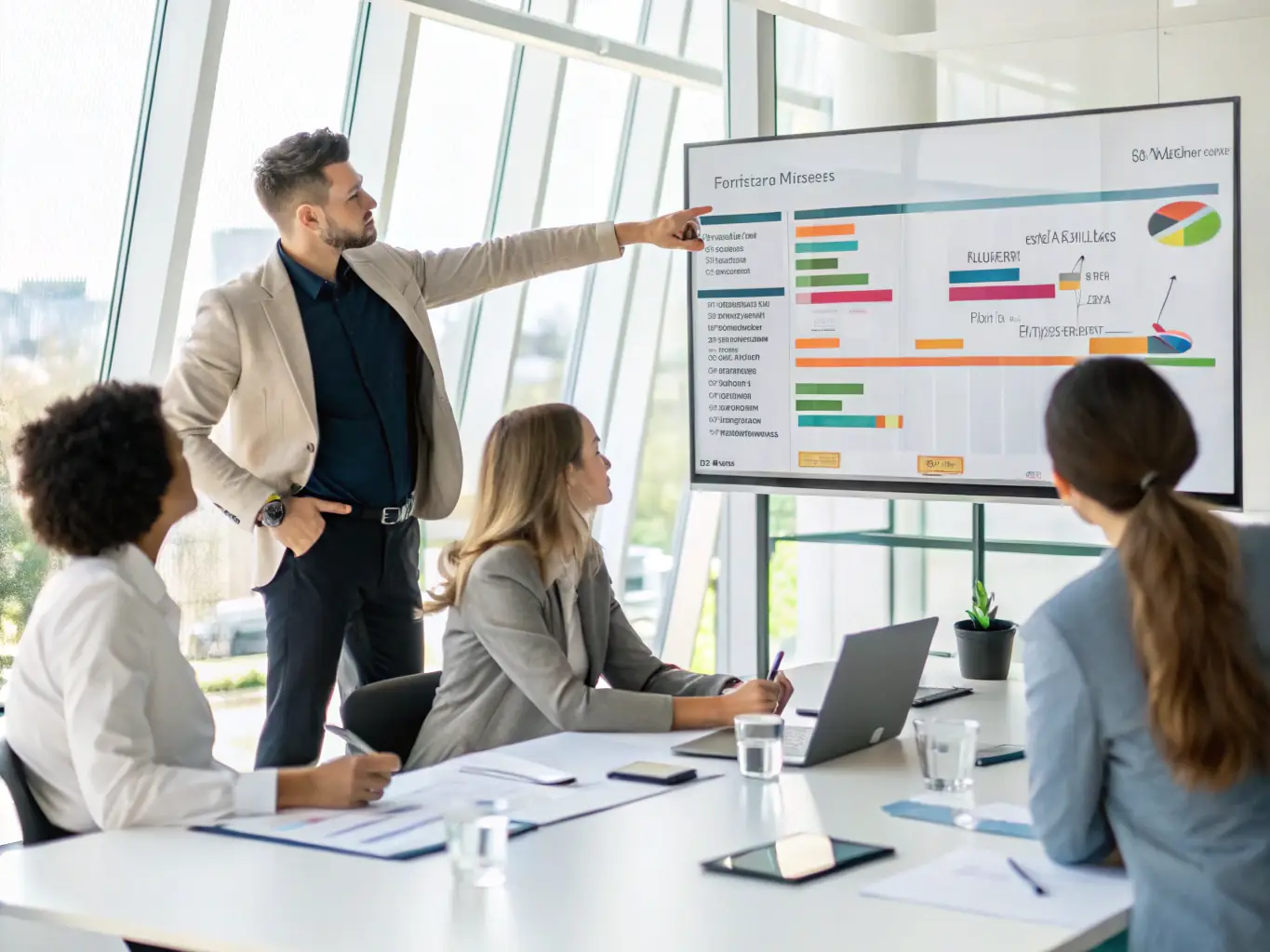 A project manager reviewing a Gantt chart with a diverse team in a modern conference room, used to showcase Aventrix's Project Management services.