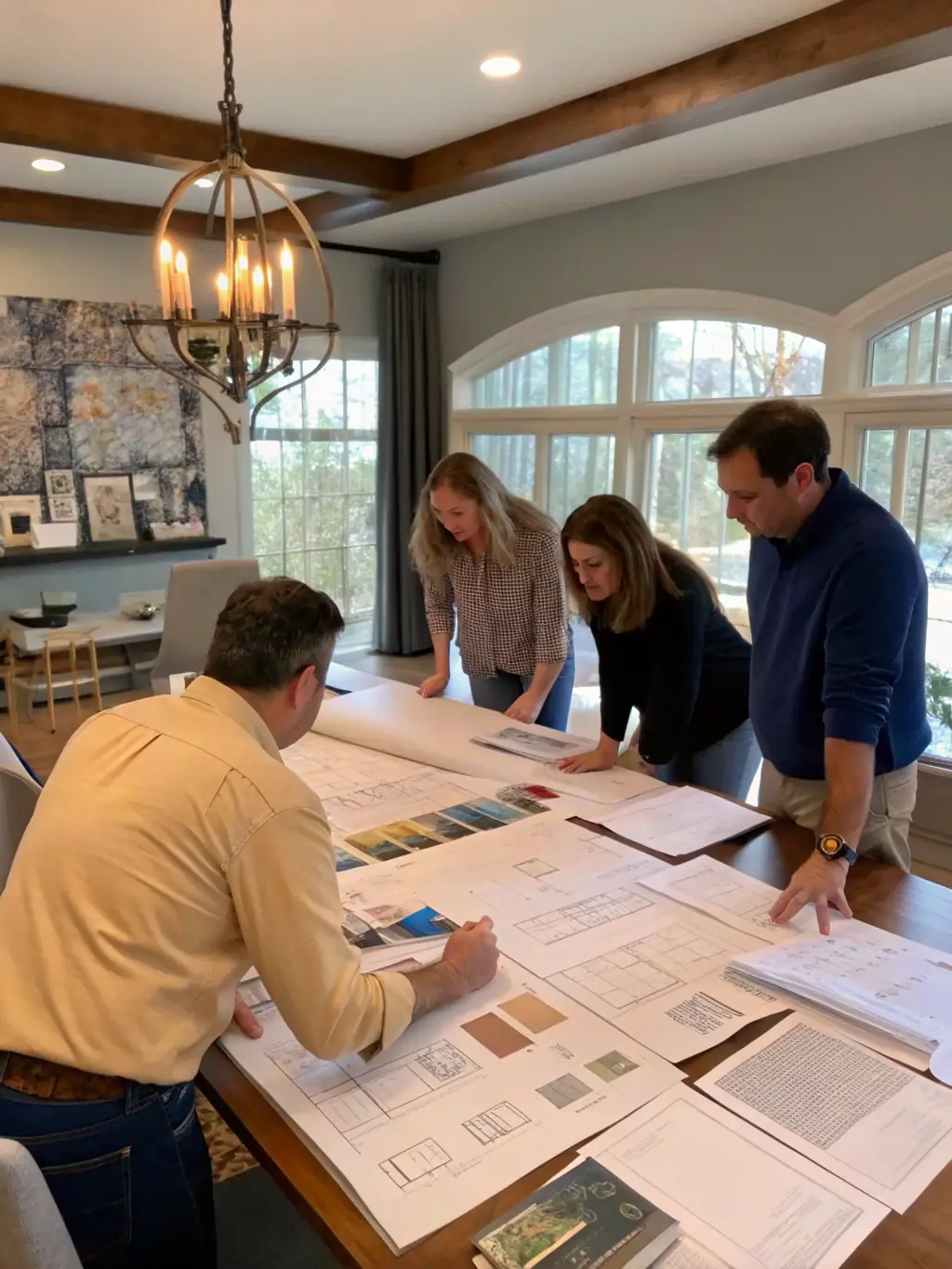 A project manager reviewing a Gantt chart with a diverse team in a modern conference room, illustrating Aventrix's comprehensive project management approach.