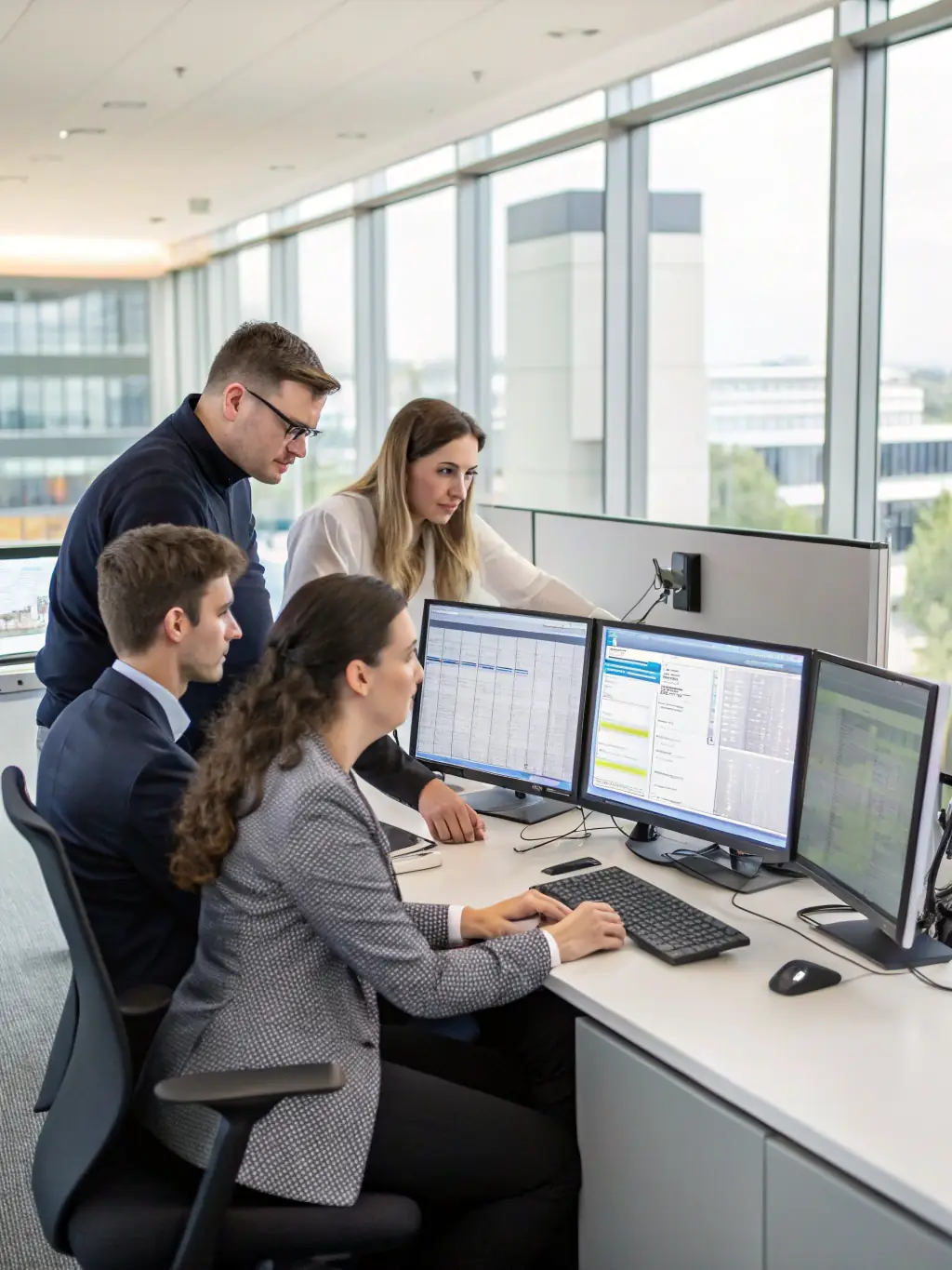 A team of ERP consultants collaborating over a digital dashboard, showcasing strategic planning and implementation for Aventrix's ERP Consulting Services.
