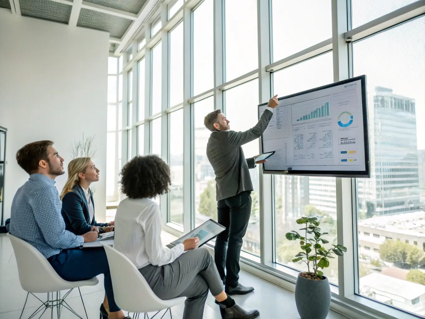 A team of consultants collaborating over a digital ERP dashboard on a large screen, symbolizing strategic planning and implementation, used to illustrate Aventrix's ERP Consulting Services.