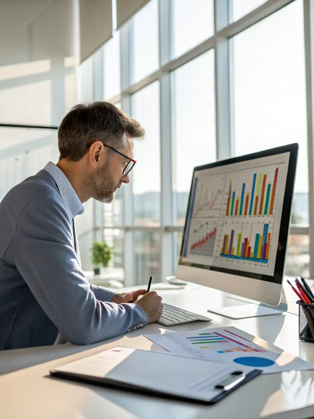 A data analyst reviewing complex dashboards and data visualizations on multiple screens, representing Aventrix's Business Intelligence and Data Warehousing solutions.