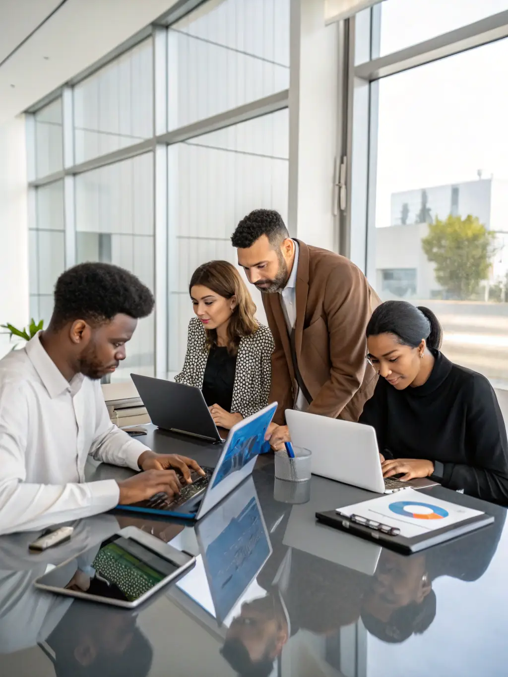 IT professionals working together in a collaborative workspace, highlighting Aventrix's Staff Augmentation Services and flexible team scaling.